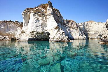 Crystal clear turquoise water and mighty rock formations, Kleftiko, Milos, Cyclades, Greece, Europe