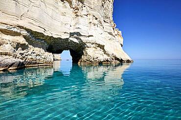 Crystal clear turquoise water and mighty rock formations, Kleftiko, Milos, Cyclades, Greece, Europe