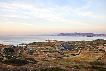 View after sunset on Mandrakia on Milos, Kimonos in the background, Milos, Cyclades, Greece, Europe