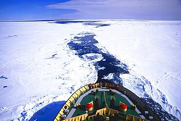 Russian Icebreaker Kapitan Khlebnikov making its way in the frozen sea near Atka Iceport or Atka Bay, Weddell Sea, Antarctica