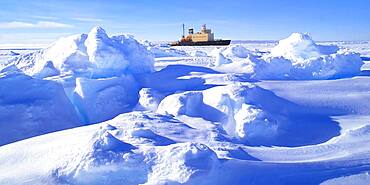 Russian Icebreaker Kapitan Khlebnikov parked in the frozen sea at Drescher Inlet Iceport, Queen Maud Land, Weddell Sea, Antarctica