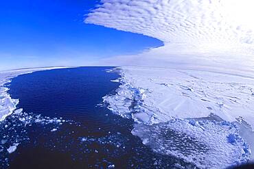 Aerial view over the Ice Shelf and the Antarctic Ocean, Queen Maud Land Coast, Weddell Sea, Antarctica