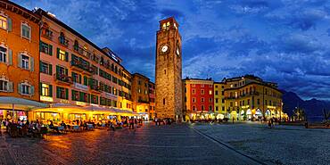 Piazza Novembre with Torre Apponale in the evening, Riva del Garda, Lake Garda North, Trento, Trentino-Alto Adige, Italy, Europe