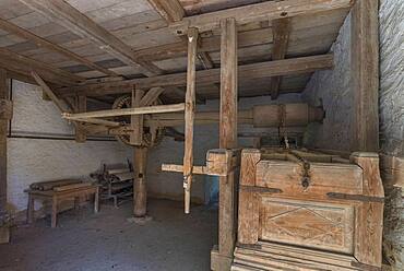 The Kaltmang, 19th century, was driven by animals or humans, used for textile processing, Franconian Open Air Museum, Bad Windsheim, Middle Franconia, Bavaria, Germany, Europe