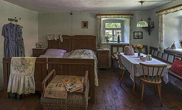 Bedroom around 1955 of a semi-detached house built in 1455, Franconian Open Air Museum, Bad Windsheim, Middle Franconia, Bavaria, Germany, Europe