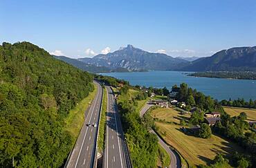 Drone image, Westautobahn (A1) near Mondsee, Mondsee with Schafberg, Salzkammergut, Upper Austria, Austria, Europe