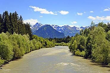 View over the river Iller towards Oberstdorf to the Allgaeu mountains, in front the Himmelschrofen 1776 m, Fischen, Allgaeu Alps, Allgaeu, Bavaria, Germany, Europe