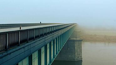 The ""Knybawski"" Bridge over Vistula River, fog, Tczew, Dirschau, Pomerania, Poland, Europe