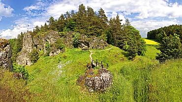 Franconian rock landscape with hiking trail, on the left rock tower Himmelsstaeuberer, Upper Franconia, Bavaria, Germany, Europe