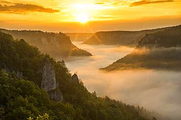 View from Eichfelsen to Werenwag Castle with morning fog, sunrise, near Irndorf, Upper Danube nature park Park, Upper Danube Valley, Danube, Swabian Alb, Baden-Wuerttemberg, Germany, Europe