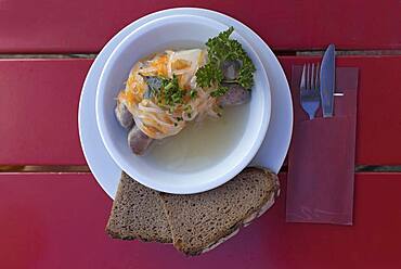 Saure Zipfel, boiled sausages in onion broth, speciality in Franconia, Bavaria, Germany, Europe