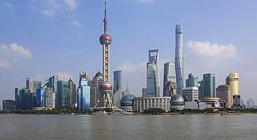 Skyline of the special economic zone Pudong with Oriental Pearl Tower, Shanghai World Financial Center and the 632 meter high Shanghai Tower, Shanghai, People's Republic of China