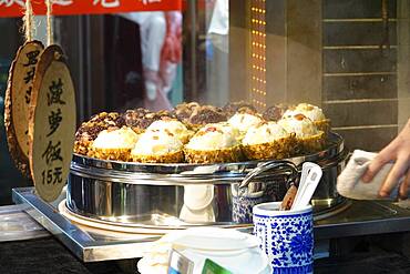 Street food stalls, restaurants in Snake Street, Xi'An, capital of Shaanxi Province, People's Republic of China