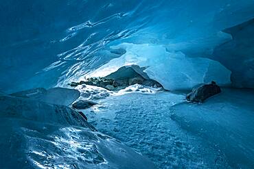 Glacier cave, ice cave, Morteratsch glacier, Engadine, Grisons, Switzerland, Europe