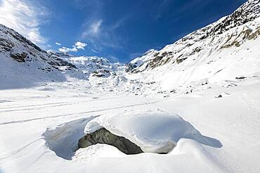 Snow-covered glacier, Morteratsch glacier, Bernina Group, Engadine, Grisons, Switzerland, Europe