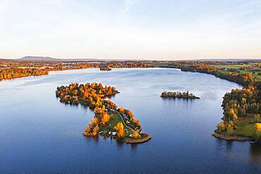 Camping island Buchau, Staffelsee, morning light in autumn, drone shot, alpine foothills, Upper Bavaria, Bavaria, Germany, Europe