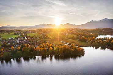 Seehausen am Staffelsee, sunrise in autumn, drone shot, alpine foothills, Upper Bavaria, Bavaria, Germany, Europe