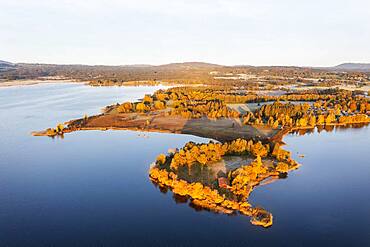 Peninsula Lindenbichl, Staffelsee, morning light in autumn, drone shot, alpine foothills, Upper Bavaria, Bavaria, Germany, Europe