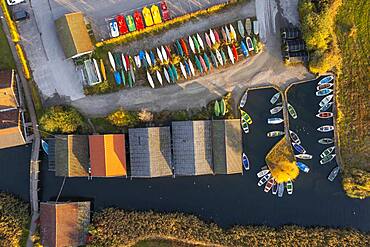 Boats and boathouses in the harbour from above, Seehausen am Staffelsee, morning light in autumn, drone shot, alpine foreland, Upper Bavaria, Bavaria, Germany, Europe