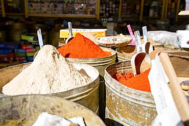 Variety of spices in old town market in Marrakech, Morroco, North Africa