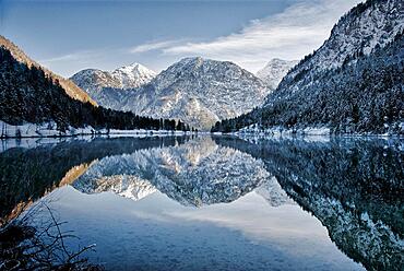 Sunset from lake in winter, Plansee, Tyrol, Austria, Europe