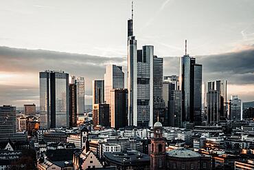 View into the sunset over an old town to the skyline, Silber loo, Frankfurt, Germany, Europe