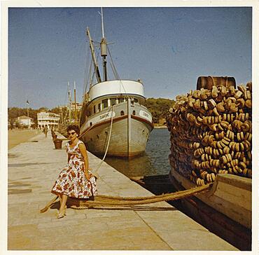 Yugoslavia in 1957, young German tourist posing in the harbour of the island of Rab, Adriatic Sea, Croatia, Europe