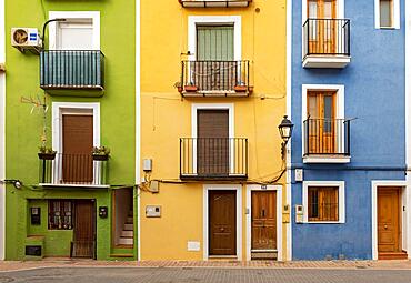 Close-up of colorful windows and doors of fishermen's houses in Villajoyosa, Spain, Europe