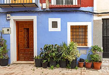 Close-up of door, window and flowerpots of blue fishermen's houses in Villajoyosa, Spain, Europe