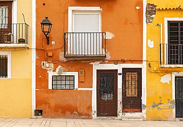 Close-up of colorful windows and doors of fishermen's houses in Villajoyosa, Spain, Europe