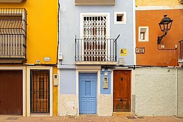 Close-up of colorful windows and doors of fishermen's houses in Villajoyosa, Spain, Europe