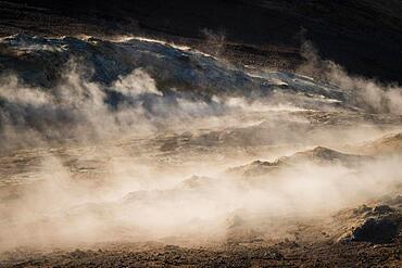 Backlight, Rising Steam, Fumarole, Namafjall, Myvatn or Myvatn, Krafla Volcano System, Northern Iceland, Iceland, Europe