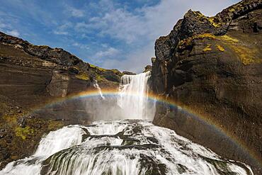 Rainbow, Ofaerufoss waterfall, Eldgja or Eldgja fire gorge, Skaftarhreppur, South Iceland, Iceland, Europe