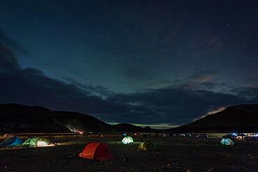 Campsite Landmannalaugar, Starry sky, Icelandic highlands, Iceland, Europe