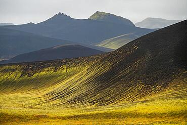 Mossy hills, crater landscape near Veioivoetn, Icelandic Highlands, Iceland, Europe