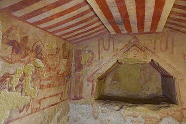 Burial chamber with frescoes, Etruscan Monterozzi necropolis, Tarquinia, Viterbo province, Lazio Latium region, Italy, Europe