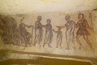 Burial chamber 5636 with frescoes from the 3rd century BC, Etruscan Monterozzi Necropolis, Tarquinia, Viterbo province, Lazio Latium region, Italy, Europe