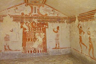 Tomba Cardarelli burial chamber with frescoes from the 6th century BC, Etruscan Monterozzi Necropolis, Tarquinia, Viterbo province, Lazio Latium region, Italy, Europe