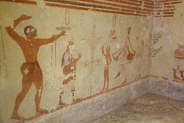 Tomba Cardarelli burial chamber with frescoes from the 6th century BC, Etruscan Monterozzi Necropolis, Tarquinia, Viterbo province, Lazio Latium region, Italy, Europe