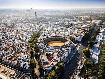 Aerial view of Seville with visible bullring and cathedral tower, Andalusia, Spain, Europe