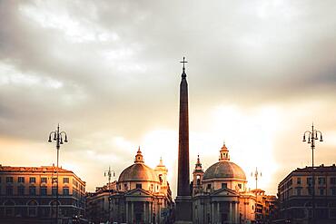 Sunrise in a square with old buildings, Piazza del Popolo, Rome, Italy, Europe