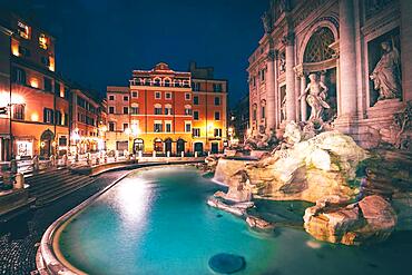 Illuminated fountain at night, with historical building, Trevi Fountain, Rome, Italy, Europe