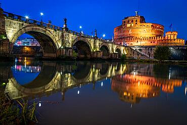 Bridge of Angels and Castel Sant'Angelo, blue hour, reflection in the Tieber, Rome, Italy, Europe