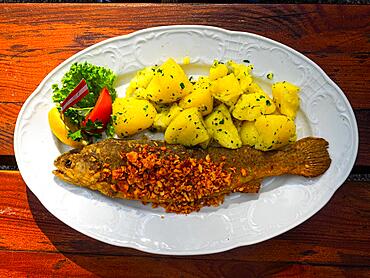 Trout with garlic, Restaurant Fischerhuette at Lake Toplitz, Styria, Austria, Europe