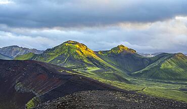 View from Ljotipollur volcano in the evening light, Rangarping ytra, Suourland, Iceland, Europe