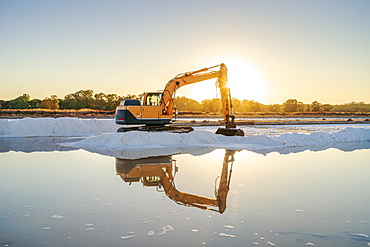 Excavator harvesting sea salt, salt works, Faro, Algarve, Portugal, Europe