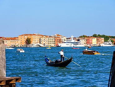 Gondolier in the Bacino San Marco, shipping, Venice, Veneto, Italy, Europe