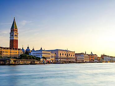 Grand Canal at sunrise, Doge's Palace and Campanile Bell Tower in the background, Venice, Venezia, Veneto, Italy, Europe