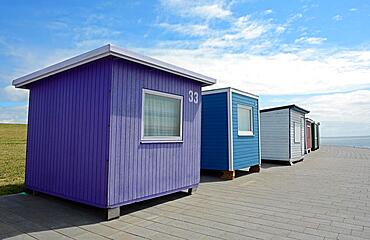 Colourful bathhouses, Dagebuell, North Sea, Schleswig-Holstein, Germany, Europe