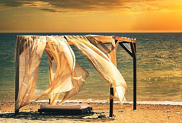 Canopy for beach loungers with curtains, beach, Rhodes, Greece, Europe